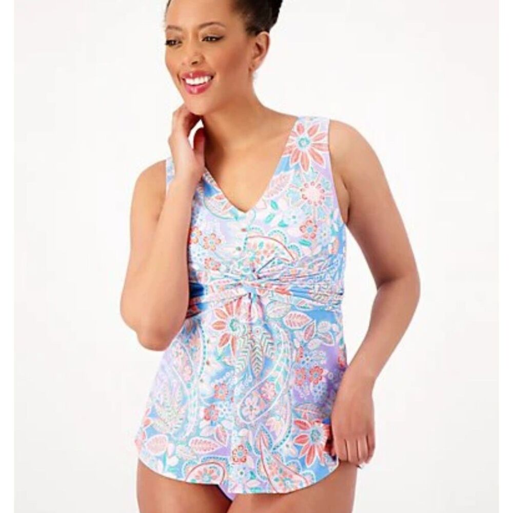 NWT Multicolored Floral Sz 10 Knot Front Padded Bust Tankini Top AMBERNOON II